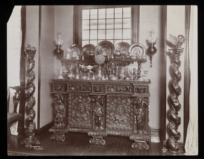 A Cluttered Sideboard at the Westmoreland Davis Residence in Tuxedo Park, New York, 1899 by Byron Company